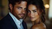 Romantic portrait of elegant couple with striking blue eyes in evening attire. Close-up shot showing intimate connection and luxury fashion styling. Perfect for romance novels.