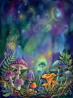 Enchanted forest floor with glowing mushrooms, magical plants, and swirling cosmic sky filled with stars and nebula clouds in purple, green, and gold tones for fantasy and mystical designs.