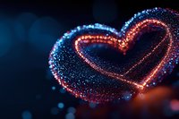 Glowing heart shape created with sparkling red and blue light particles against dark background, romantic bokeh effect for Valentine's Day designs and love concepts.