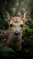 Young deer fawn portrait in natural forest habitat with soft bokeh background showcasing wildlife innocence and natural beauty in woodland environment.
