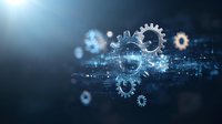 Digital gears floating in dark blue cyberspace with glowing light effects and binary code background, representing automation and technological advancement.