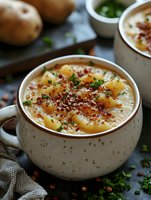 Creamy potato soup garnished with fresh herbs, red pepper flakes and black pepper in rustic ceramic mug. Homestyle comfort food with rich texture and warming appeal.