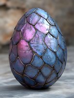 Mystical dragon egg with iridescent blue and pink scales featuring metallic texture and intricate pattern design on stone surface. Fantasy concept art for gaming assets.
