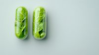 Green pharmaceutical capsules filled with fresh natural leaf extract on light background, alternative herbal medicine concept.