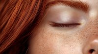 Close up portrait of young redhead woman with natural freckles and closed eyes showing clean fresh skin and natural beauty. Wellness and skincare concept.