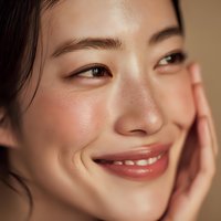Young Asian woman with glowing healthy skin touching face gently, natural makeup and radiant complexion for skincare and beauty wellness routine.