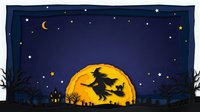 Silhouette of witch flying on broomstick across full moon with stars and bare trees against night sky. Halloween themed artwork suitable for seasonal designs and festive decorations.