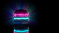 Neon glowing hamburger with vibrant pink and cyan lights on dark background. Modern fast food concept with electric energy effects and reflection.