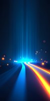 Glowing blue and orange light trails curve along dark path with rising light beams and bokeh effects creating futuristic technological atmosphere.
