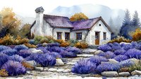 Charming countryside cottage with white walls and stone path surrounded by blooming lavender garden and autumn trees against misty mountain background.