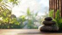 Balanced zen stones on wooden surface with green tropical plants and soft bokeh background creates peaceful spa atmosphere for wellness and meditation.
