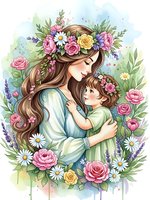 Tender mother and child embrace surrounded by floral wreath with roses, daisies and greenery in watercolor style for Mother's Day greeting cards and family designs.