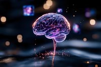 Glowing purple brain with neural connections floating above reflective surface amid bokeh lights and sparkling particles. Concept of artificial intelligence.