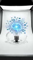 Glowing brain inside light bulb surrounded by technology icons, gears, and circuit patterns representing innovation, artificial intelligence, and digital transformation for business concepts.