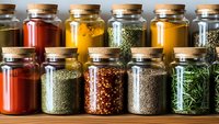 Colorful spices and herbs stored in glass jars with cork lids on wooden shelves for cooking and seasoning culinary ingredients organization.