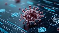 Microscopic virus cell on digital medical interface with glowing blue technology elements and security shield icons. Scientific visualization for healthcare.