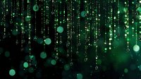 Glowing green digital rain with bokeh lights and falling matrix code on dark background creates futuristic cyberpunk atmosphere for technology concepts.
