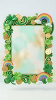 St. Patrick's Day frame with shamrocks, gold coins and rainbows on white background. Irish holiday border design for greeting cards and festive decorations.