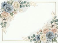 Watercolor floral frame with roses, eucalyptus, and botanical elements in soft blue, cream, and blush tones. Elegant corner arrangements with copy space for invitations, weddings, and greeting cards.
