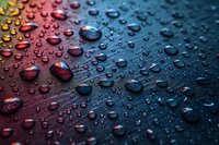 Water drops on dark surface with red and blue gradient lighting create dramatic macro photography effect showing surface tension and reflection patterns.