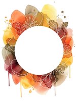 Autumn watercolor wreath with warm orange yellow brown leaves and white circle frame for seasonal design projects and fall decorations.