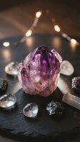 Amethyst crystal point surrounded by healing stones on dark slate with glowing fairy lights, creating a mystical spiritual atmosphere.
