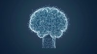 Glowing digital brain made of connected dots and lines forming neural network pattern on dark background, representing artificial intelligence and machine learning.