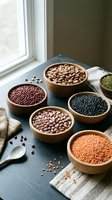 Assorted legumes and beans in wooden bowls on kitchen counter near window for healthy cooking and meal preparation.