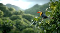 Vibrant toucan perched on green foliage branch against blurred tropical mountain landscape background, colorful exotic bird in natural rainforest habitat setting.