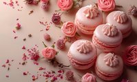 Pink macarons with delicate cream filling decorated with rose buds and petals on pastel background, romantic dessert composition for confectionery design.