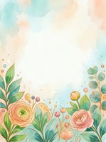 Soft watercolor floral frame with pastel roses, green leaves, and berries on a light background with copy space for greeting cards.