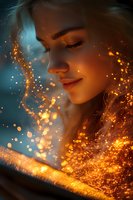 Young woman with closed eyes surrounded by magical golden sparkles and glowing particles against turquoise background, expressing serenity and wonder.