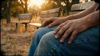 Senior man hands resting on knees while sitting on park bench during golden hour sunset creating peaceful retirement moment.