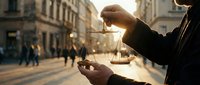 Professional lawyer holding golden scales of justice on busy city street during golden hour sunset representing legal services and law firm consultation.