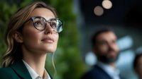 Young professional woman in glasses and green blazer looking up with inspired expression against blurred office background, portraying leadership and vision.