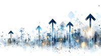 Abstract business growth concept with blue arrows pointing upward over watercolor cityscape background representing success and progress.