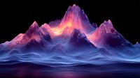 Glowing purple and orange mountain peaks rise above misty blue waves in surreal fantasy landscape, creating atmospheric digital art composition.