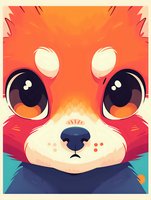 Cute red panda face close up with big sparkly eyes and pink nose against turquoise background, cartoon style illustration for children books and nursery art.