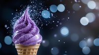 Magical purple soft serve ice cream cone with sparkling glitter and bokeh lights on dark background, frozen dessert with dreamy atmosphere and glowing effects.