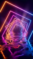 Futuristic neon tunnel with glowing geometric frames creating perspective depth over reflective wet surface in vibrant pink blue orange colors.