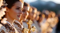 Young Caucasian woman in traditional ornate dress with golden cross and floral crown at sunset, profile view capturing ethereal light and cultural celebration atmosphere.