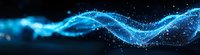 Glowing blue wave of light particles flowing on dark background, abstract dynamic motion with sparkles and energy effect for technology design.
