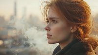 Young redhead woman in profile with breath vapor visible in cold winter air against urban sunset backdrop, dramatic atmospheric portrait.