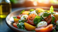 Fresh caprese salad with colorful heirloom tomatoes, mozzarella pearls, basil leaves, and olive oil dressing served in rustic ceramic bowl. Perfect for food blogs.