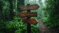 Wooden directional signs on forest path with green foliage background and misty atmosphere. Trail markers pointing different ways in natural woodland setting.