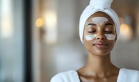 Young African American woman with white towel on head and under-eye patches relaxing during skincare routine at spa wellness center with soft lighting.