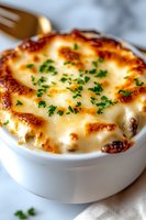 Creamy baked macaroni and cheese topped with golden brown crust and fresh chopped parsley served in white ceramic ramekin, close-up view of comfort food.
