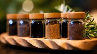 Small glass jars with wooden lids containing various aromatic spices and seasonings arranged on wooden serving board with fresh rosemary sprig and soft bokeh background.