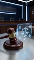 Judge's gavel with holographic scales of justice display on courtroom desk, representing legal technology, cybersecurity law, and digital justice systems.
