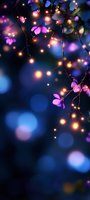 Glowing string lights intertwined with delicate purple flowers against dark blue bokeh background create magical evening atmosphere for romantic and festive designs.